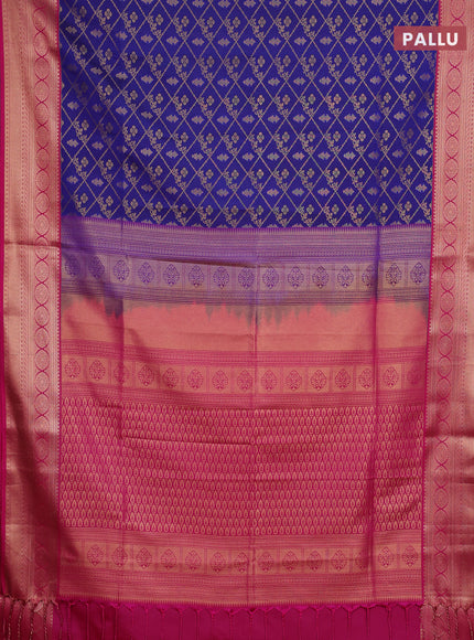 Semi soft silk saree blue and pink with allover zari checks & buttas and zari woven border