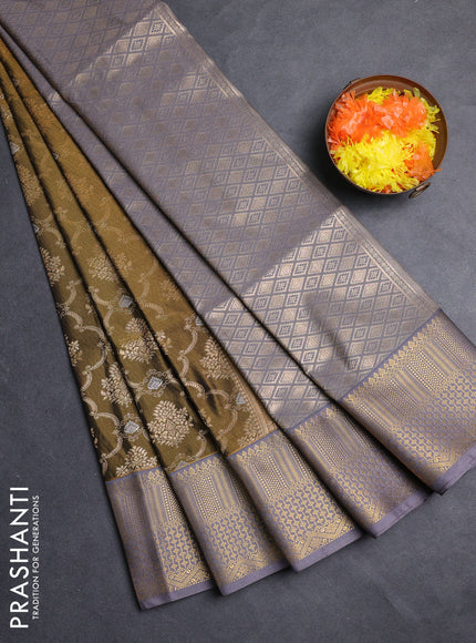 Semi soft silk saree mehendi green and grey with allover zari weaves and zari woven border