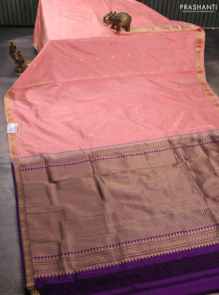 Pure narayanpet silk saree peach pink and purple with allover zari woven buttas and small zari woven border
