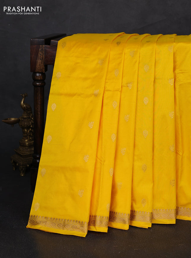 Pure narayanpet silk saree yellow and violet with zarri woven buttas and small zari woven border