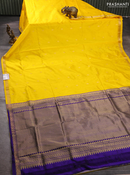 Pure narayanpet silk saree yellow and violet with zarri woven buttas and small zari woven border