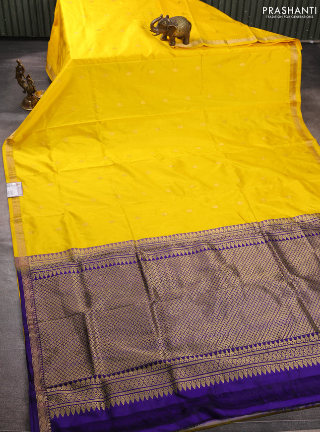 Pure narayanpet silk saree yellow and violet with zarri woven buttas and small zari woven border