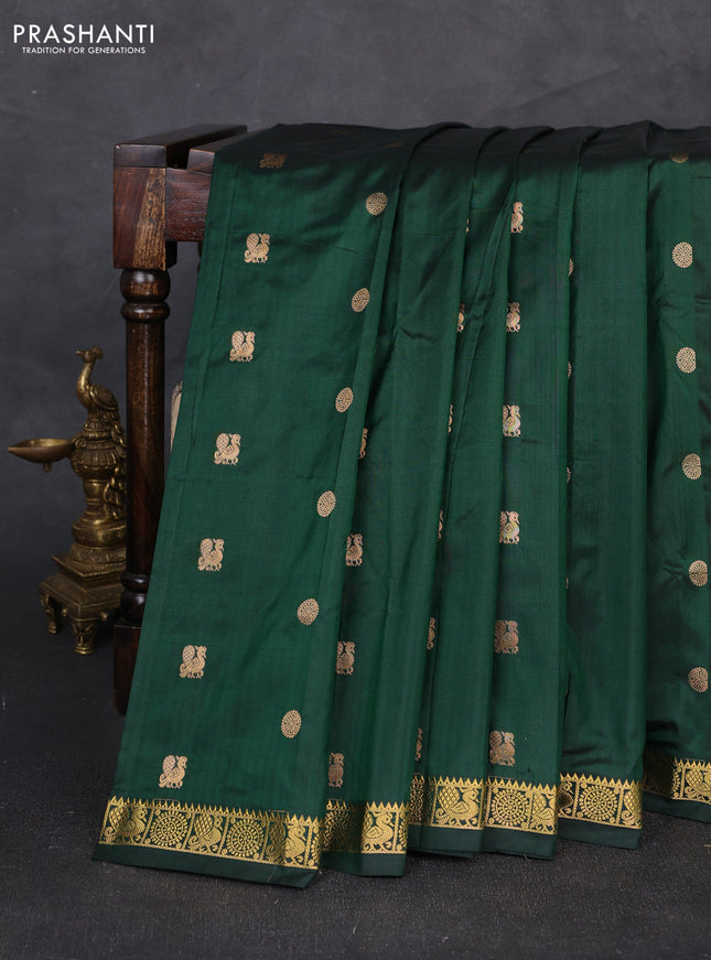 Pure narayanpet silk saree bottle green and red with allover zari woven buttas and small zari woven border