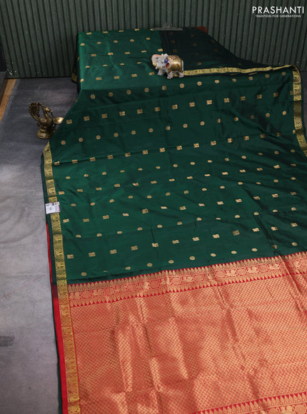 Pure narayanpet silk saree bottle green and red with allover zari woven buttas and small zari woven border