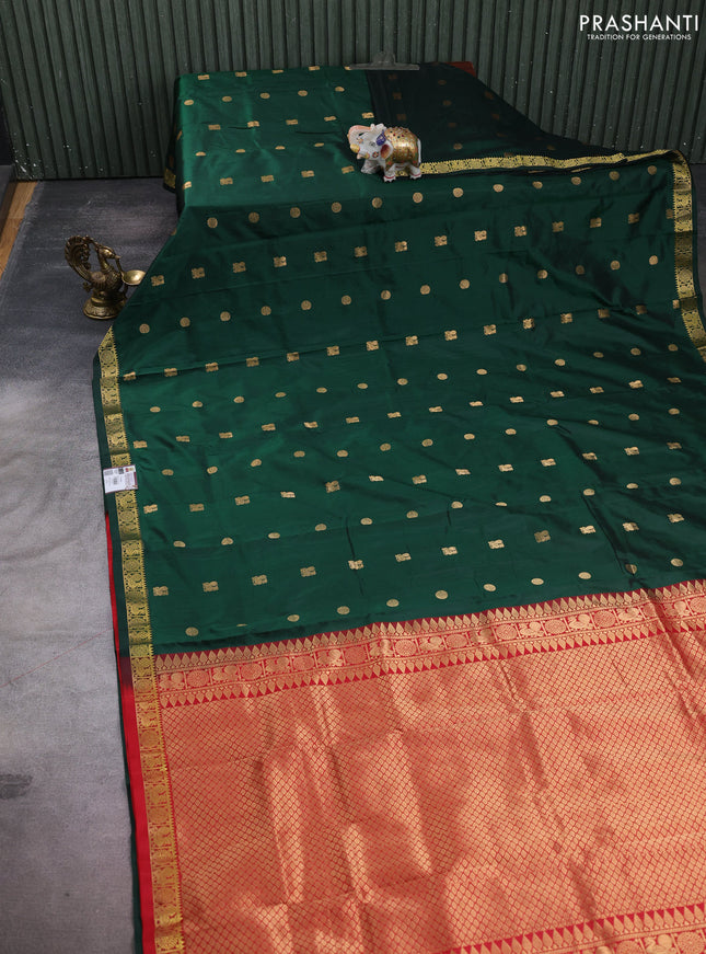 Pure narayanpet silk saree bottle green and red with allover zari woven buttas and small zari woven border