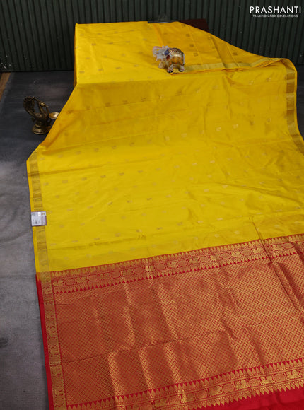 Pure narayanpet silk saree yellow and red with allover zari woven buttas and small zari woven border