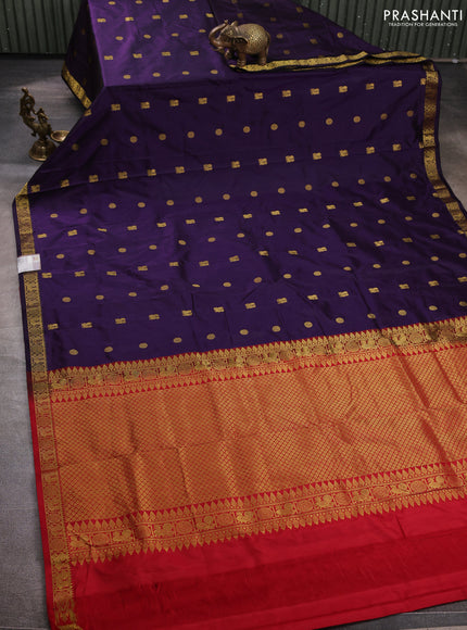 Pure narayanpet silk saree deep purple and red with allover zari woven buttas and small zari woven border