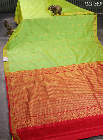 Pure narayanpet silk saree fluorescent green and red with allover zari woven buttas and small zari woven border