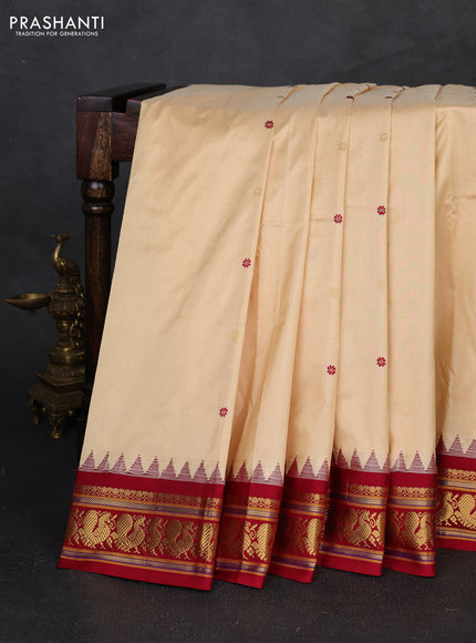 Pure narayanpet silk saree cream and maroon with allover thread & zari woven buttas and temple design zari woven border