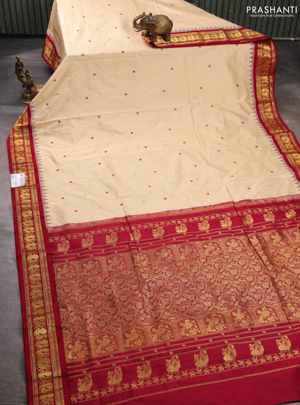 Pure narayanpet silk saree cream and maroon with allover thread & zari woven buttas and temple design zari woven border