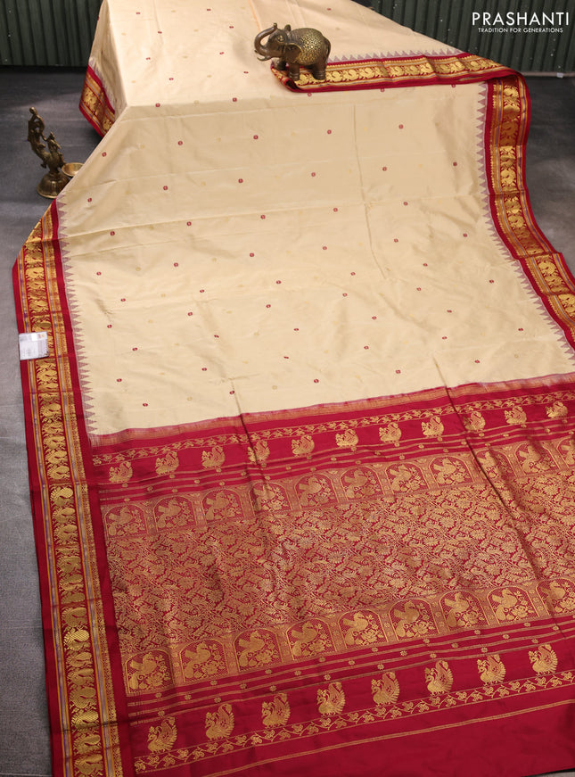 Pure narayanpet silk saree cream and maroon with allover thread & zari woven buttas and temple design zari woven border