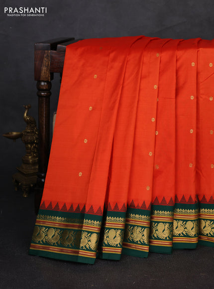 Pure narayanpet silk saree orange and green with allover zari woven buttas and temple design zari woven border