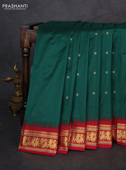 Pure narayanpet silk saree bottle green and maroon with allover zari woven buttas and temple design zari woven border