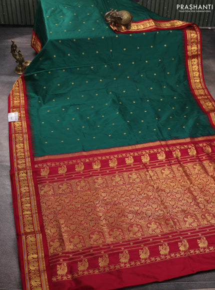 Pure narayanpet silk saree bottle green and maroon with allover zari woven buttas and temple design zari woven border