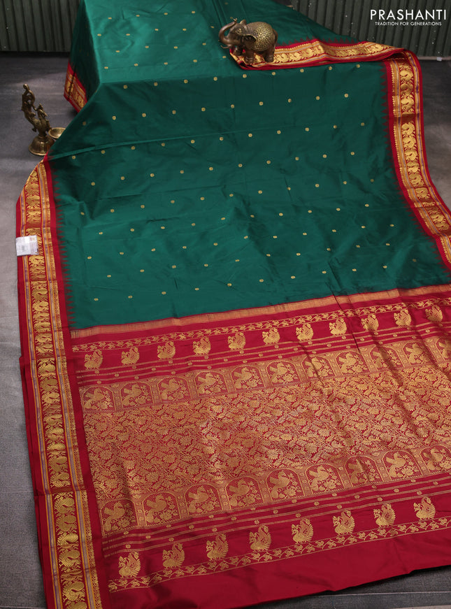 Pure narayanpet silk saree bottle green and maroon with allover zari woven buttas and temple design zari woven border
