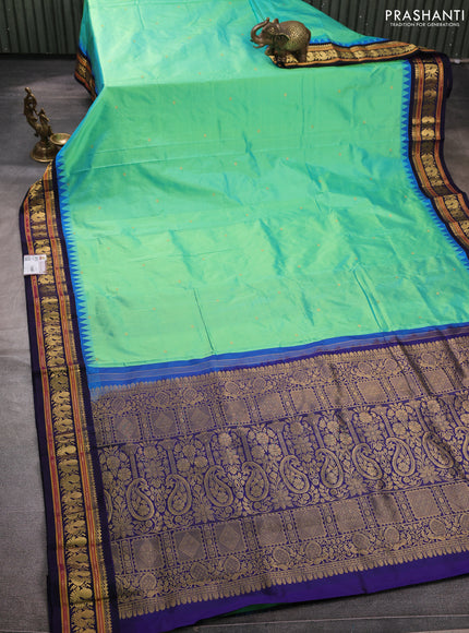Pure narayanpet silk saree teal green and navy blue with allover zari woven buttas and temple design zari woven border