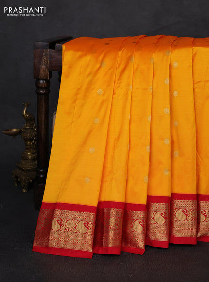 Pure narayanpet silk saree mango yellow and red with allover zari woven buttas and zari woven korvai border