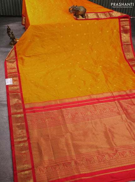 Pure narayanpet silk saree mango yellow and red with allover zari woven buttas and zari woven korvai border