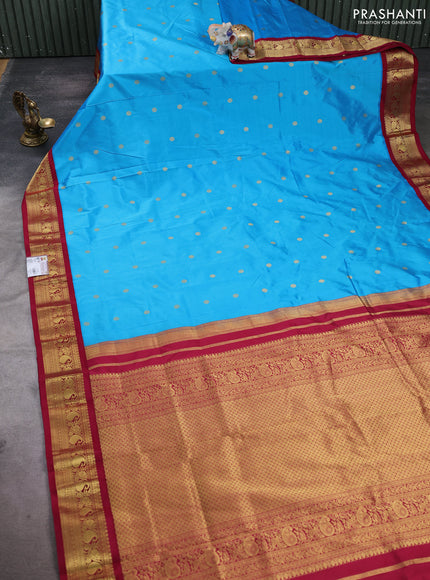 Pure narayanpet silk saree cs blue and maroon with allover zari woven buttas and zari woven korvai border