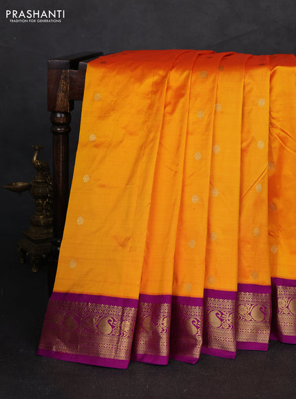Pure narayanpet silk saree mango yellow and magenta pink with allover zari woven buttas and zari woven korvai border