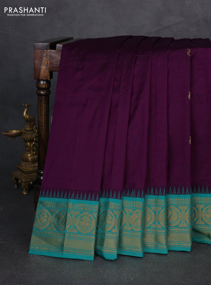 Pure narayanpet silk saree deep purple and teal green with zari woven buttas and temple design zari woven border