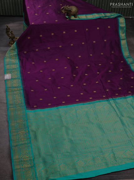 Pure narayanpet silk saree deep purple and teal green with zari woven buttas and temple design zari woven border