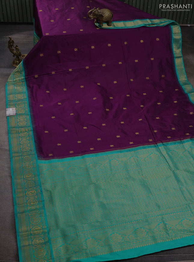Pure narayanpet silk saree deep purple and teal green with zari woven buttas and temple design zari woven border