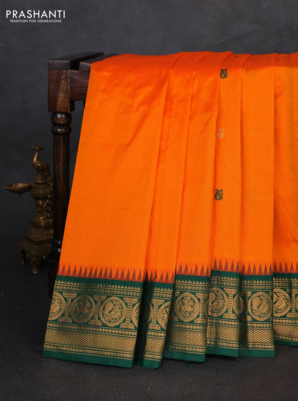 Pure narayanpet silk saree mango yellow and green with zari woven buttas and temple design zari woven border