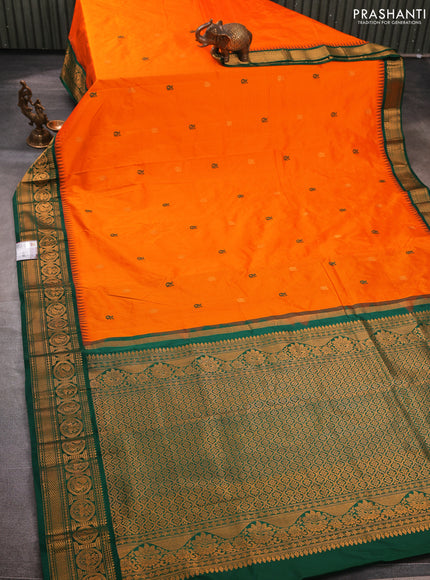 Pure narayanpet silk saree mango yellow and green with zari woven buttas and temple design zari woven border