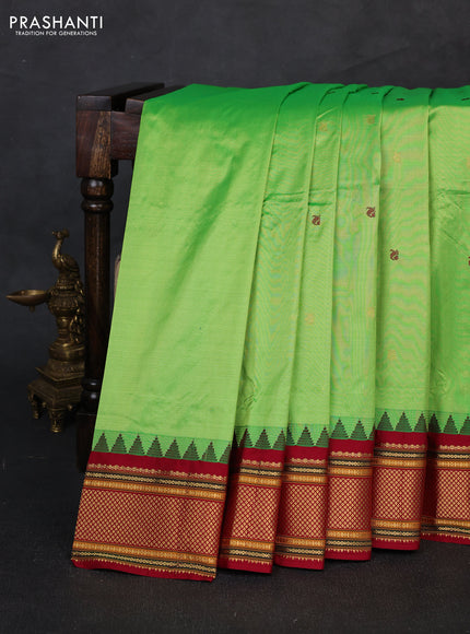 Pure narayanpet silk saree light green and maroon with zari woven buttas and temple design zari woven border