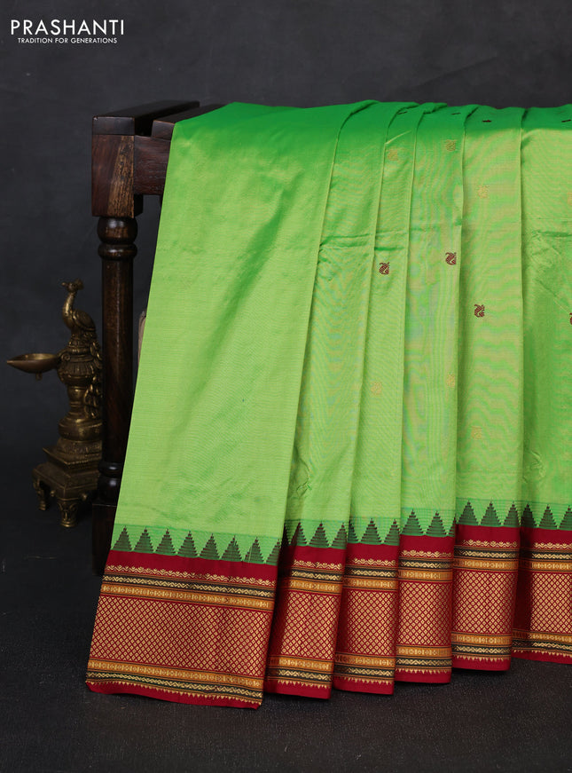 Pure narayanpet silk saree light green and maroon with zari woven buttas and temple design zari woven border