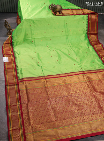 Pure narayanpet silk saree light green and maroon with zari woven buttas and temple design zari woven border