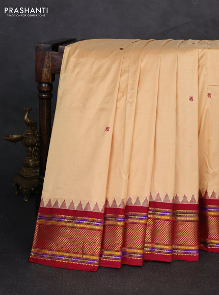 Pure narayanpet silk saree cream and maroon with zari woven buttas and temple design zari woven border