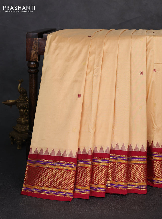 Pure narayanpet silk saree cream and maroon with zari woven buttas and temple design zari woven border