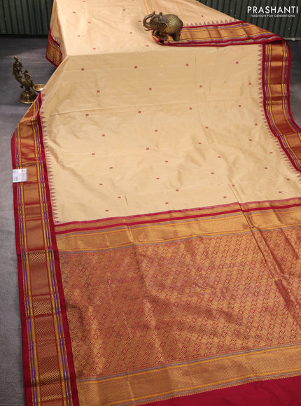 Pure narayanpet silk saree cream and maroon with zari woven buttas and temple design zari woven border