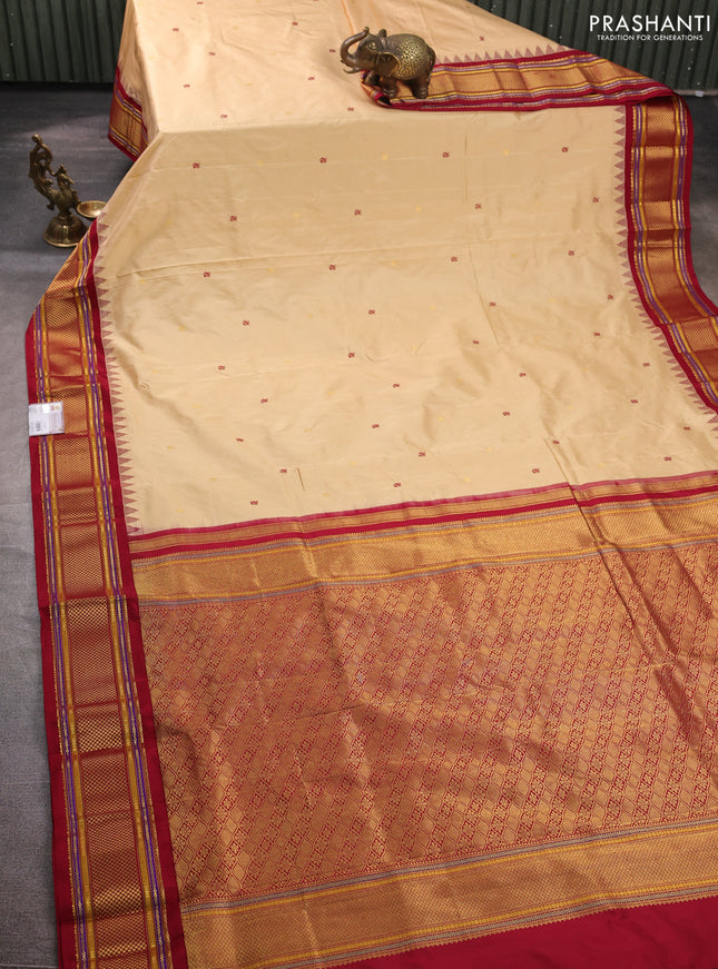 Pure narayanpet silk saree cream and maroon with zari woven buttas and temple design zari woven border