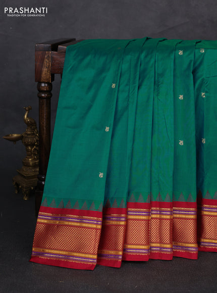 Pure narayanpet silk saree teal green and maroon with zari woven buttas and temple design zari woven border