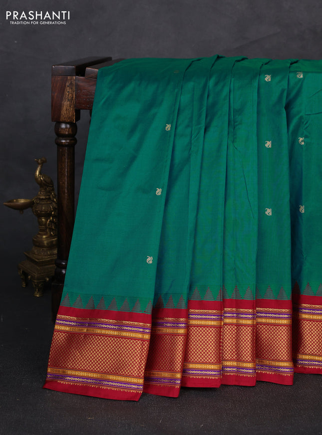 Pure narayanpet silk saree teal green and maroon with zari woven buttas and temple design zari woven border