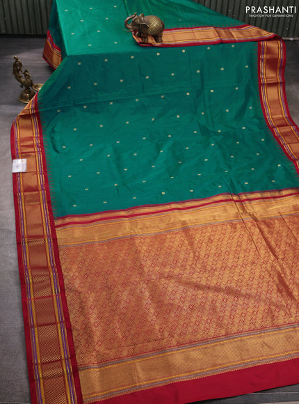 Pure narayanpet silk saree teal green and maroon with zari woven buttas and temple design zari woven border