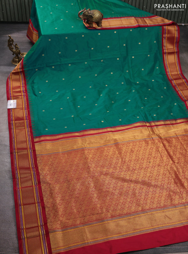 Pure narayanpet silk saree teal green and maroon with zari woven buttas and temple design zari woven border