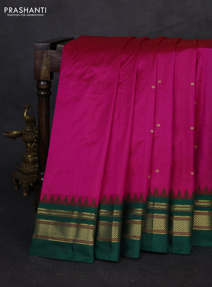 Pure narayanpet silk saree pink and green with zari woven buttas and temple design zari woven border