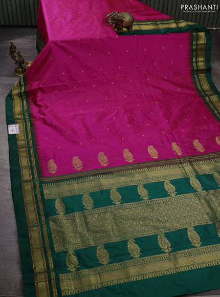 Pure narayanpet silk saree pink and green with zari woven buttas and temple design zari woven border