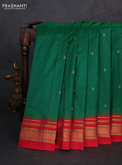 Pure narayanpet silk saree green and red with zari woven buttas and temple design zari woven border