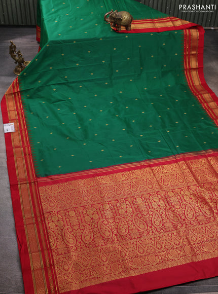 Pure narayanpet silk saree green and red with zari woven buttas and temple design zari woven border