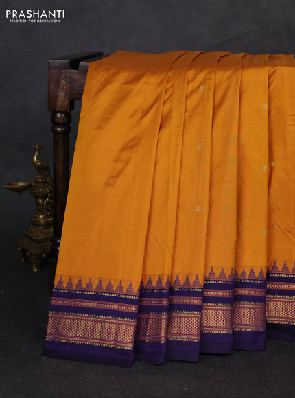 Pure narayanpet silk saree mustard yellow and violet with zari woven buttas and temple design zari woven border