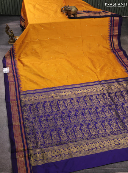 Pure narayanpet silk saree mustard yellow and violet with zari woven buttas and temple design zari woven border