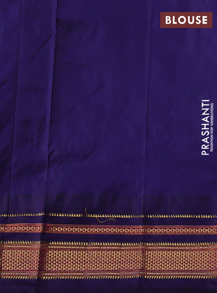 Pure narayanpet silk saree mustard yellow and violet with zari woven buttas and temple design zari woven border