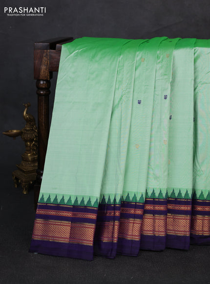 Pure narayanpet silk saree light green and violet with allover thread & zari woven buttas and temple design zari woven border