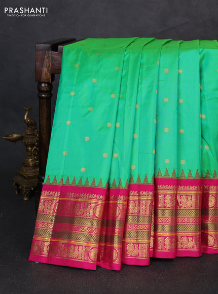 Pure narayanpet silk saree light green and pink with allover zari woven buttas and temple design long zari woven border