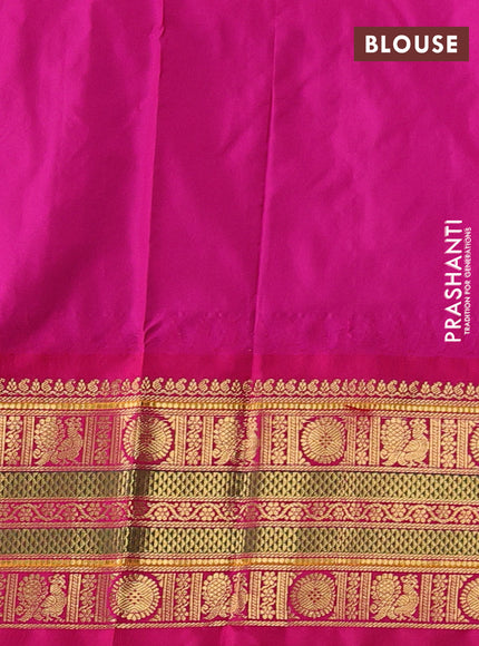 Pure narayanpet silk saree light green and pink with allover zari woven buttas and temple design long zari woven border